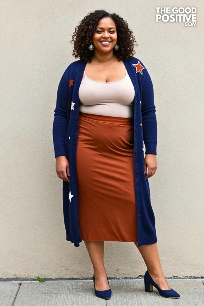 Cobalt Star Cardigan With Rust Midi Skirt