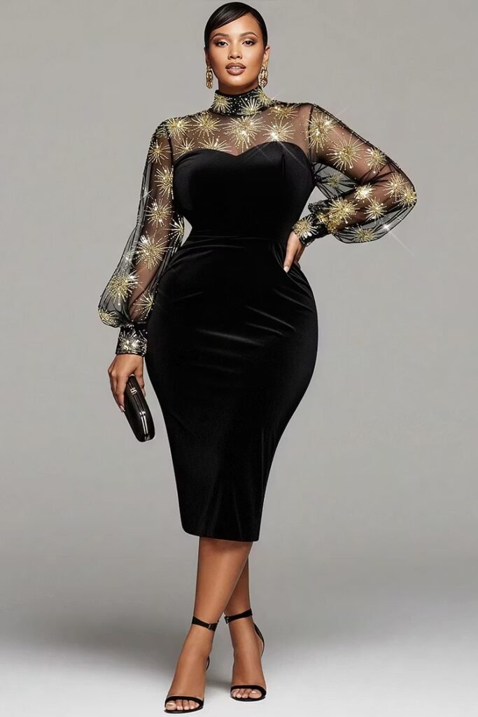 Cocktail Party Black Mock Neck Lantern Sleeve Long Sleeve See Through Elegant Bodycon Velvet Midi Dress