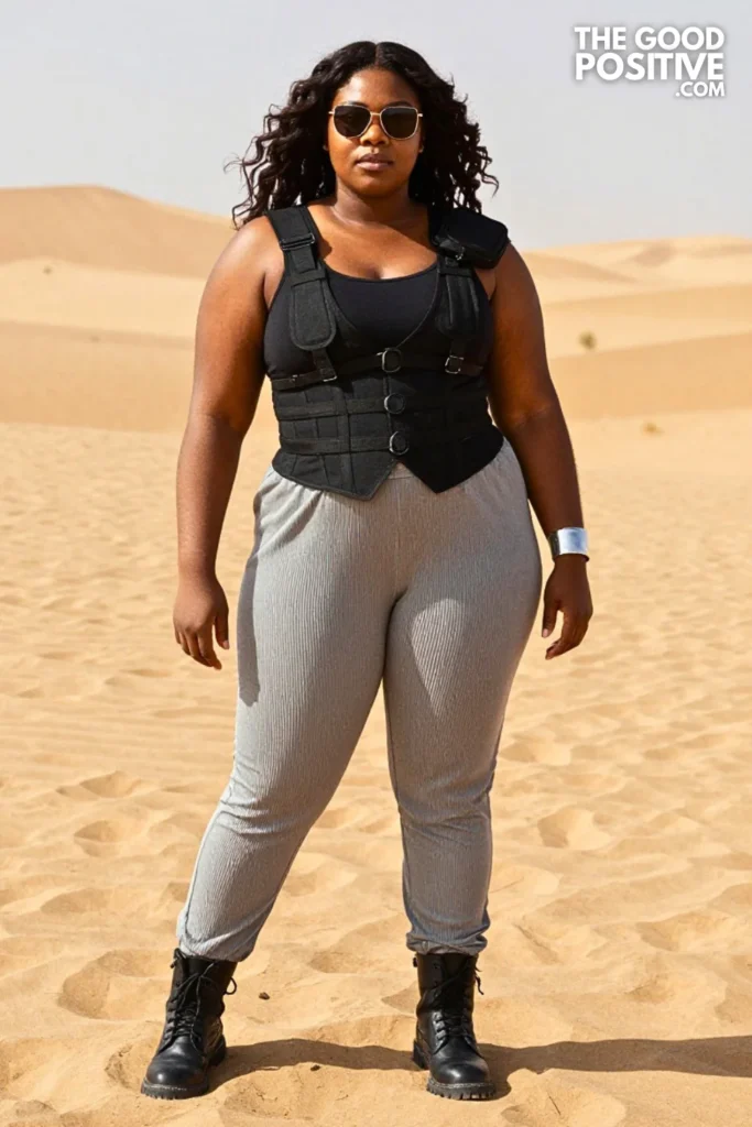 Concrete Gray Pleated Trousers, Harness Vest, and Boots