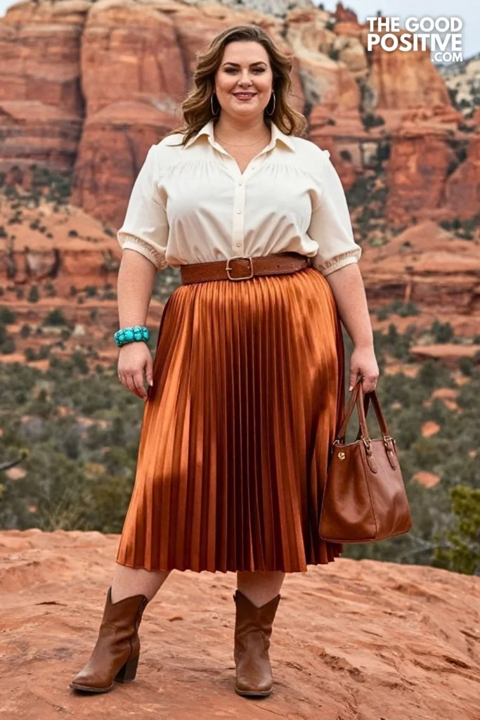 Copper Pleated Skirt With Cream Western Blouse