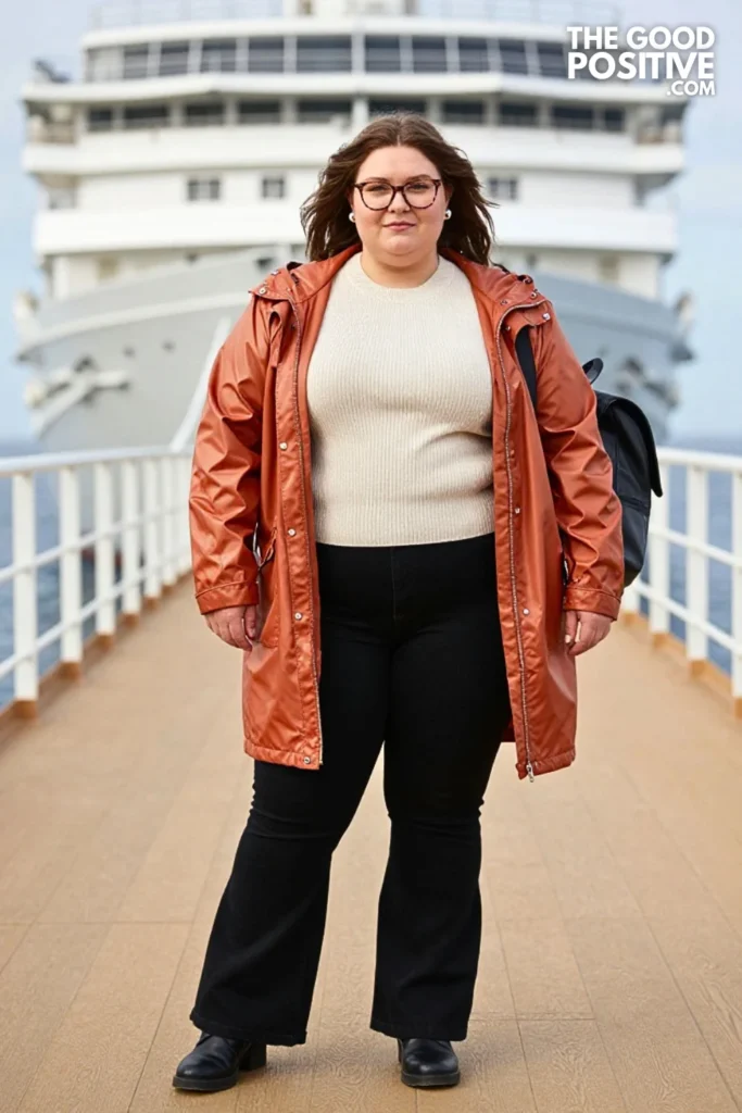 Copper Rain Jacket, Ivory Sweater, And Black Flare Jeans