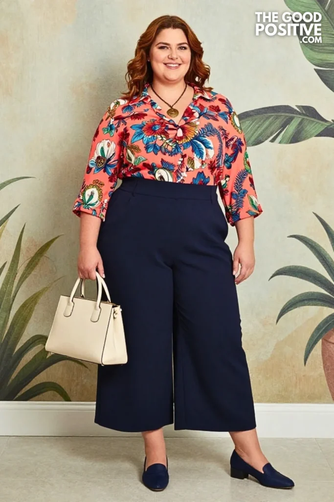 Coral Art Nouveau Blouse With Navy Culottes