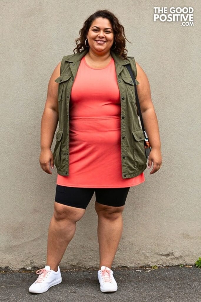 Coral Athletic Dress With Built-In Shorts And Lightweight Utility Jacket