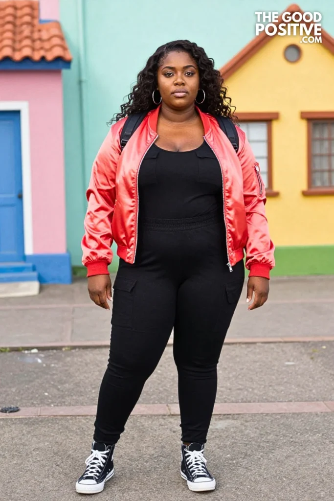 Coral Bomber, Black Jumpsuit, and High-Top Sneakers
