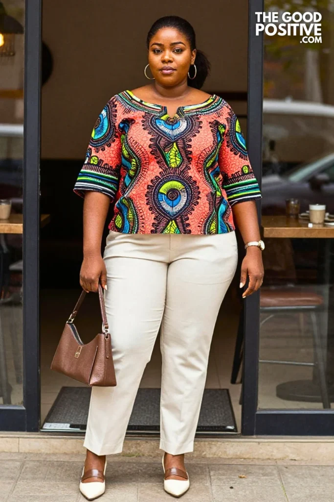 Coral Cobalt Ankara Blouse With Ivory Trousers