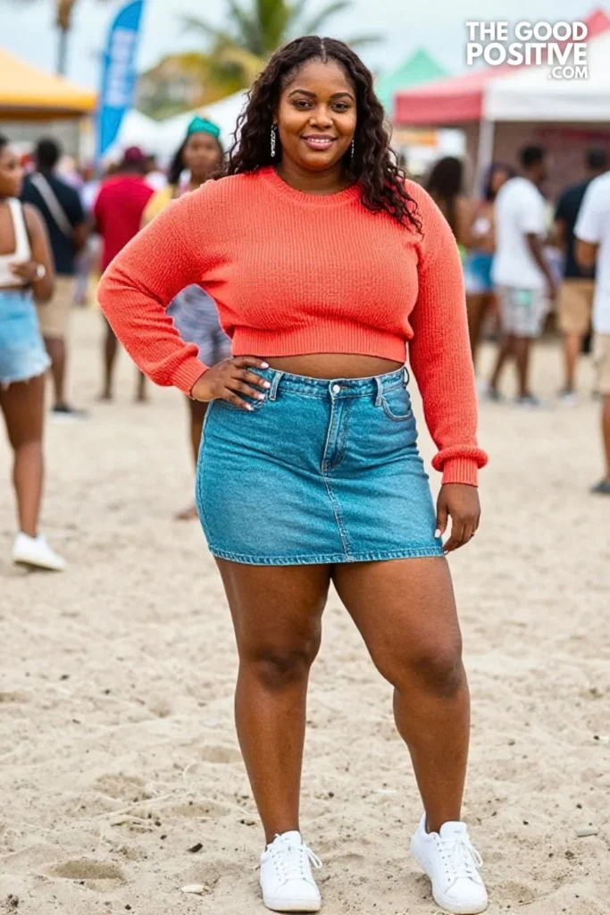 Coral Cropped Sweater With Aqua Denim Skirt