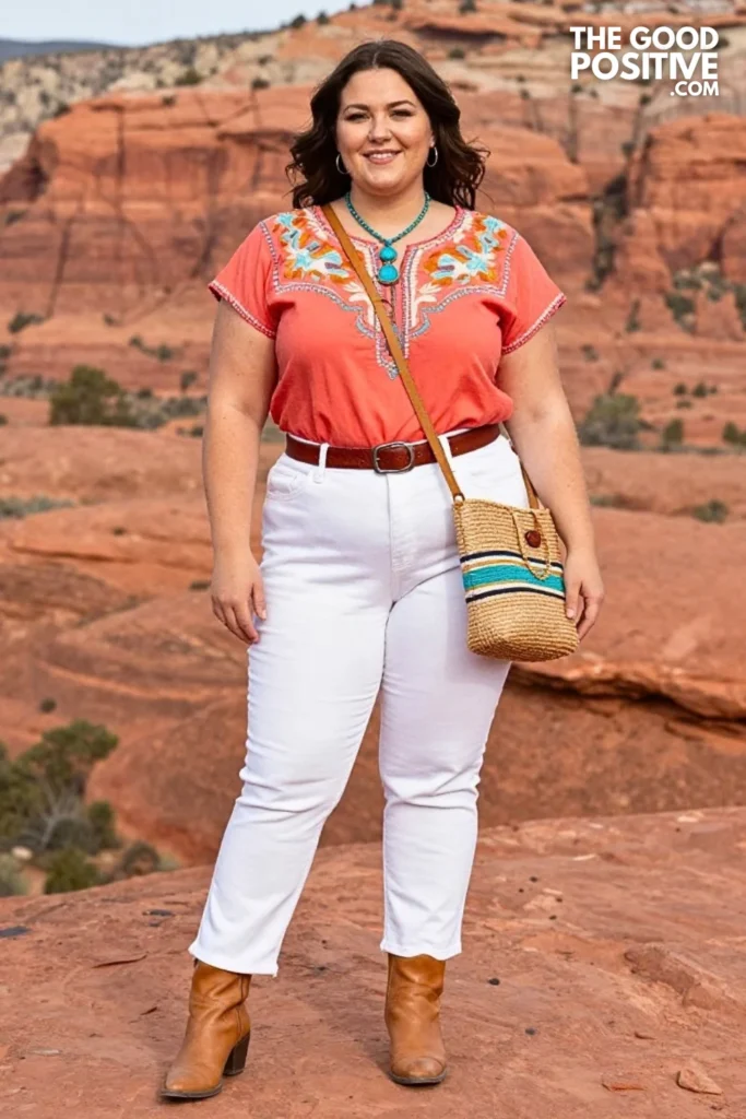 Coral Embroidered Tunic With White Straight Jeans