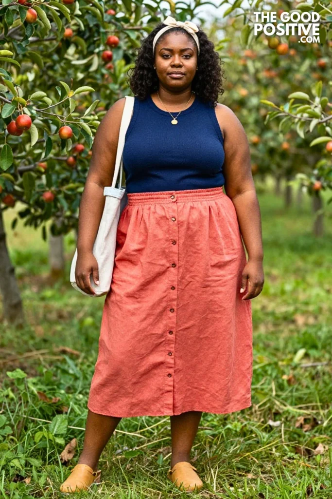 Coral Linen Skirt, Navy Knit Top & Denim Overshirt