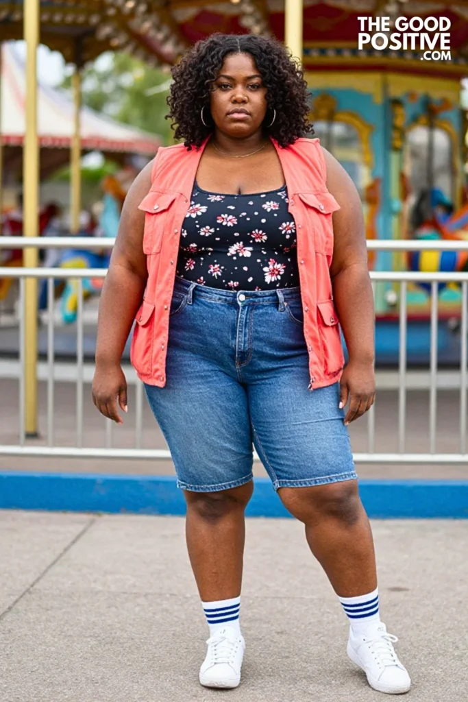 Coral Utility Vest, Floral Tank, And Denim Bermudas