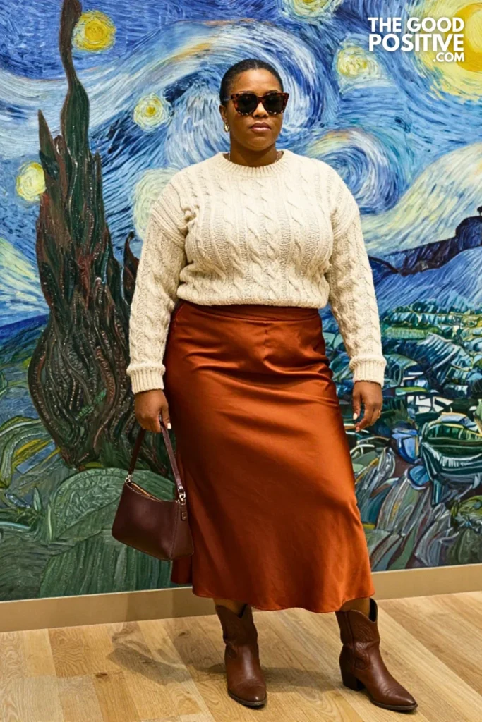 Cream Cable Knit, Rust Midi Skirt, and Western Boots