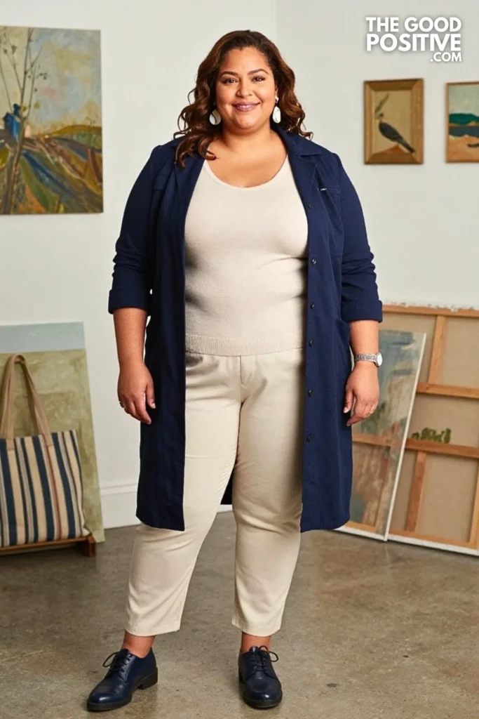 Cream Column With Ink-Blue Painter’s Jacket