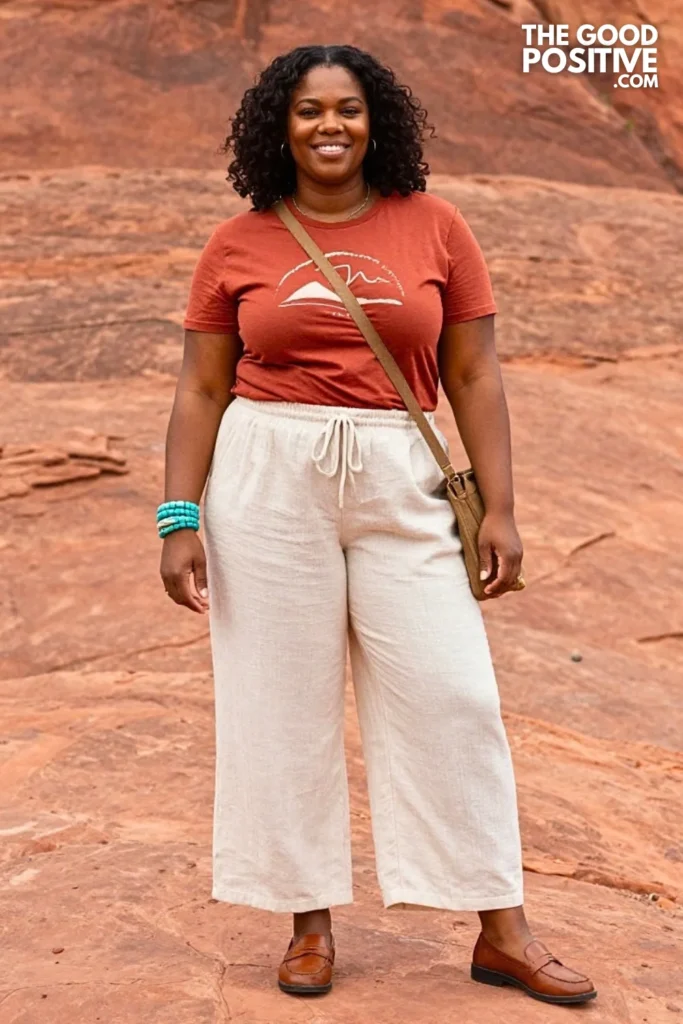 Cream Gauze Pants With Rust Graphic Tee