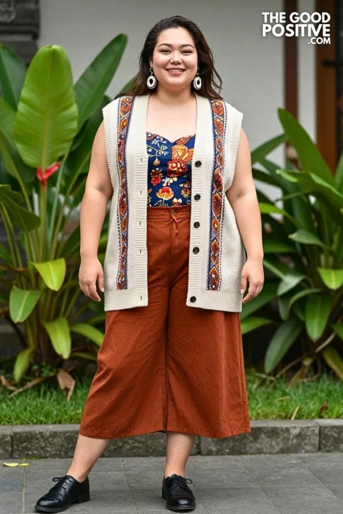 Cream Knit Vest With Hand-Painted Indigo Blouse