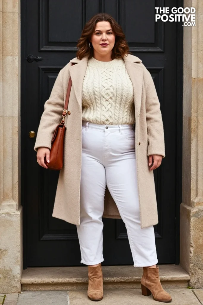Cream Knit With White Jeans And Tan Boots