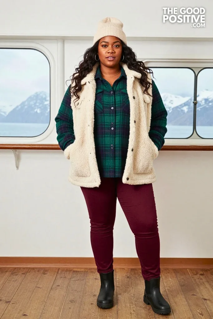 Cream Shacket, Forest Plaid Shirt & Burgundy Jeans