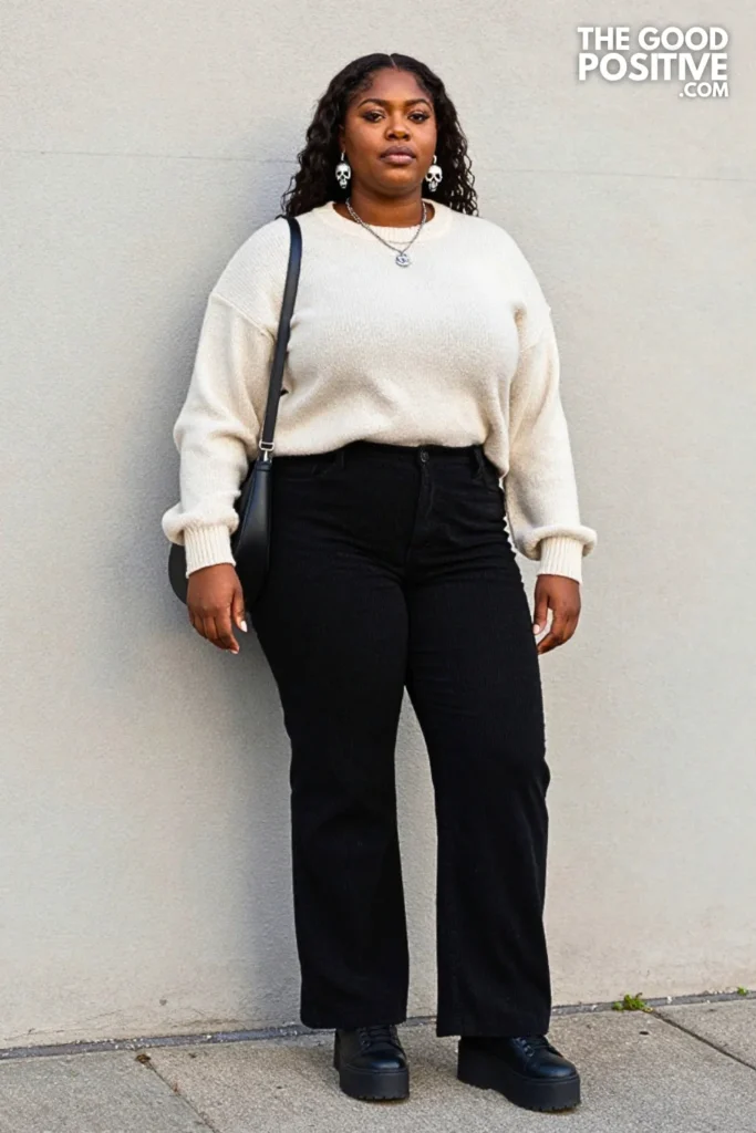 Cream Skull Sweater, Black Corduroy Pants, and Platform Sneakers