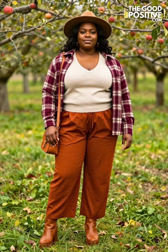 Cream Sweater Vest, Rust Palazzo Pants & Plaid Shirt
