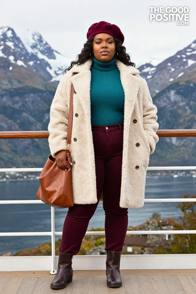 Cream Teddy Coat, Teal Turtleneck, And Burgundy Jeans