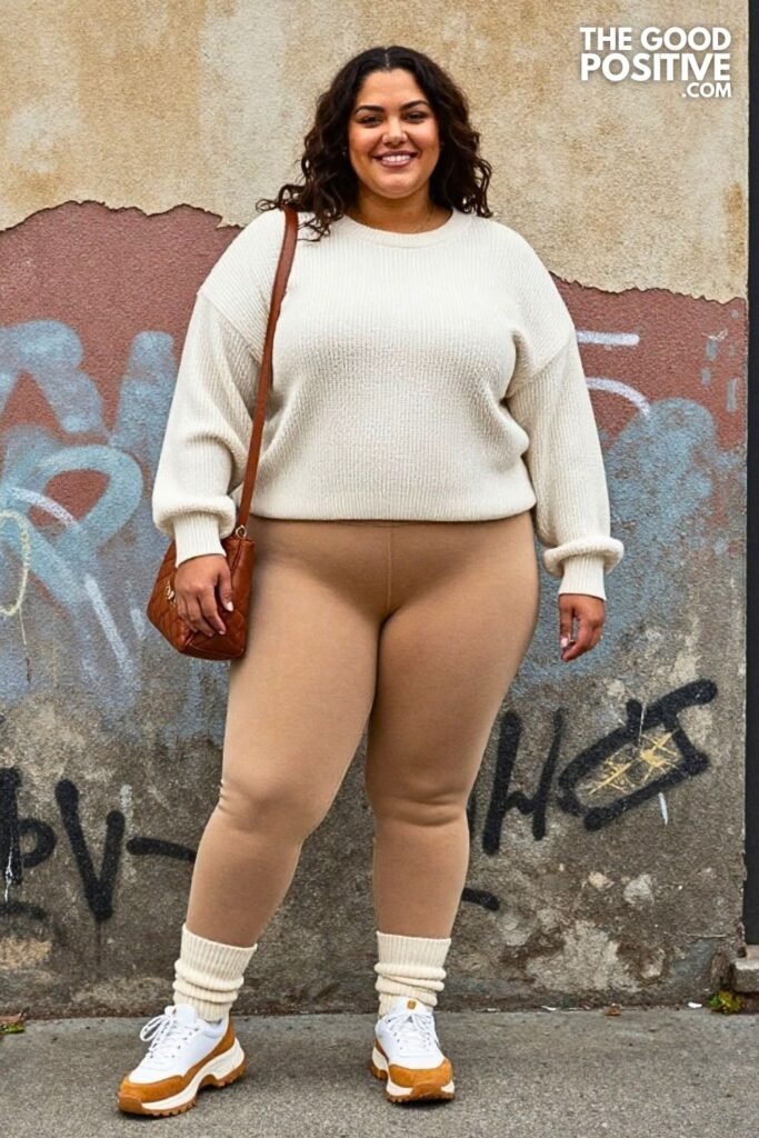 Cream Waffle-Knit Oversized Sweater With Camel Leggings And Dad Sneakers