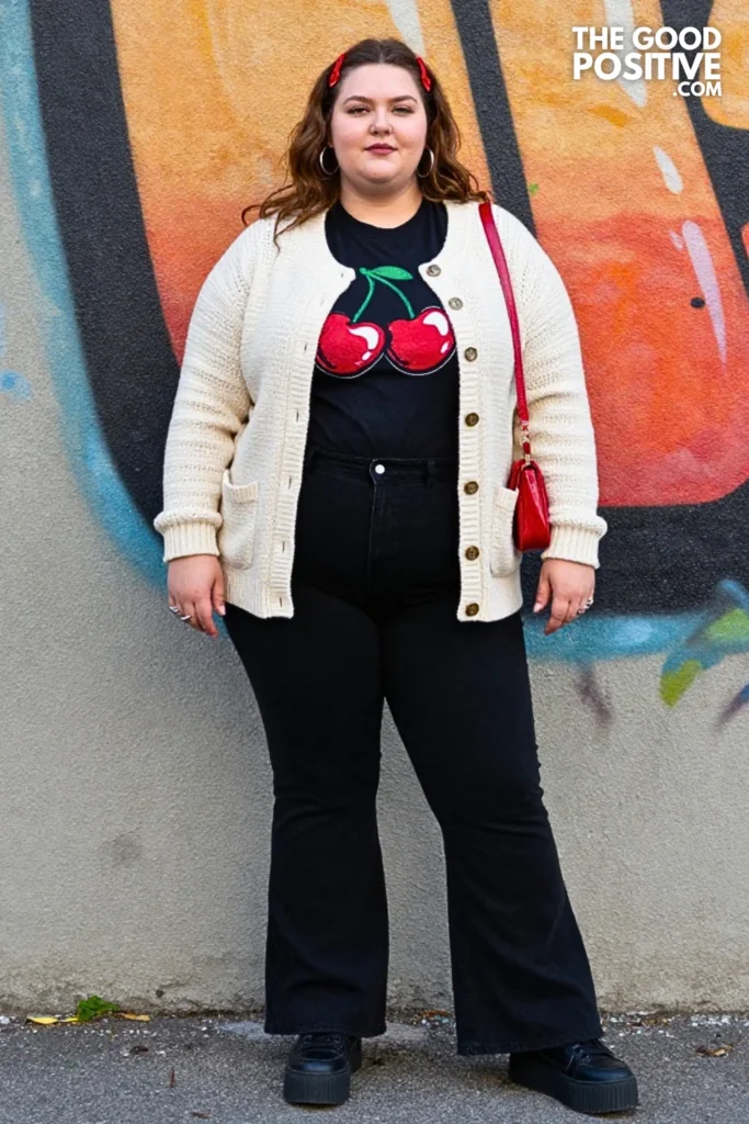 Crochet Cardigan, Cherry Graphic Tee, and Flared Black Jeans