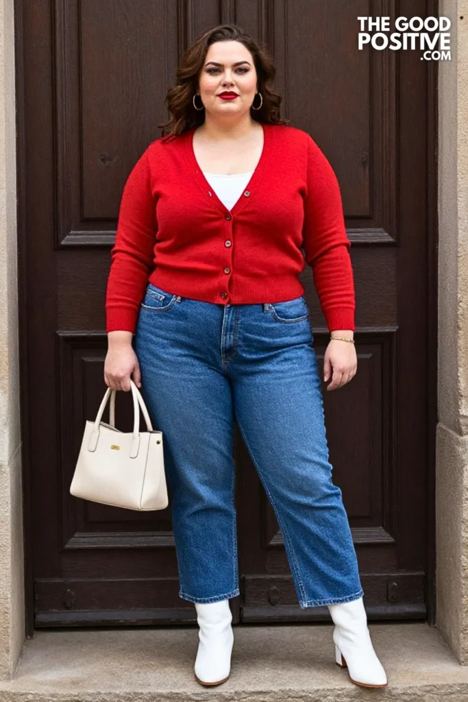 Cropped Jeans With White Ankle Boots And Red Cardigan