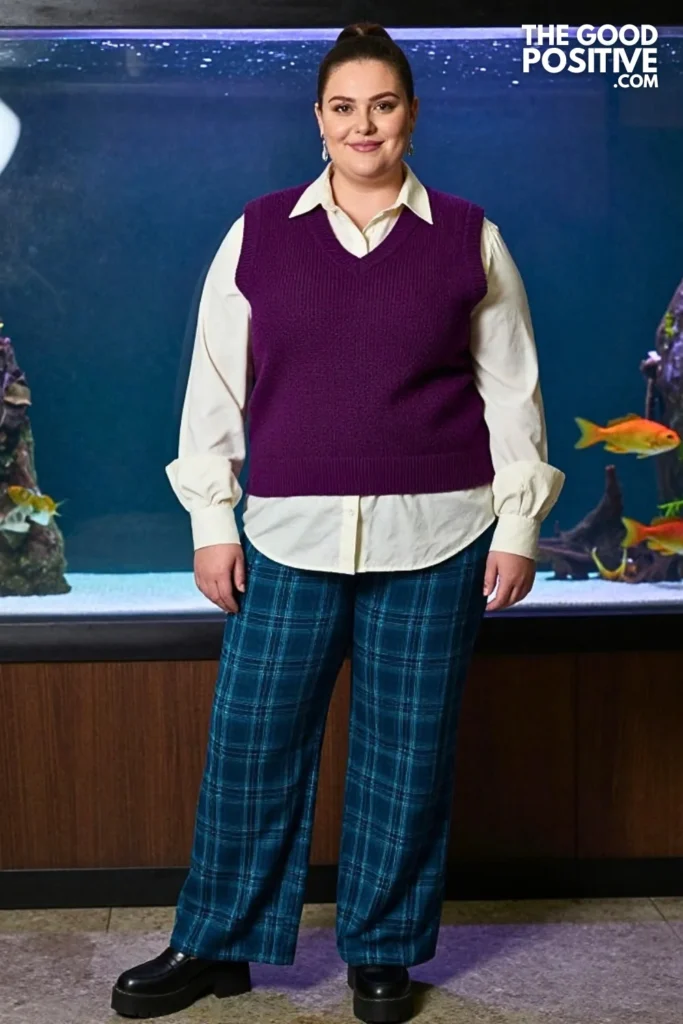 Deep Purple Knit Vest With Teal Plaid Pants