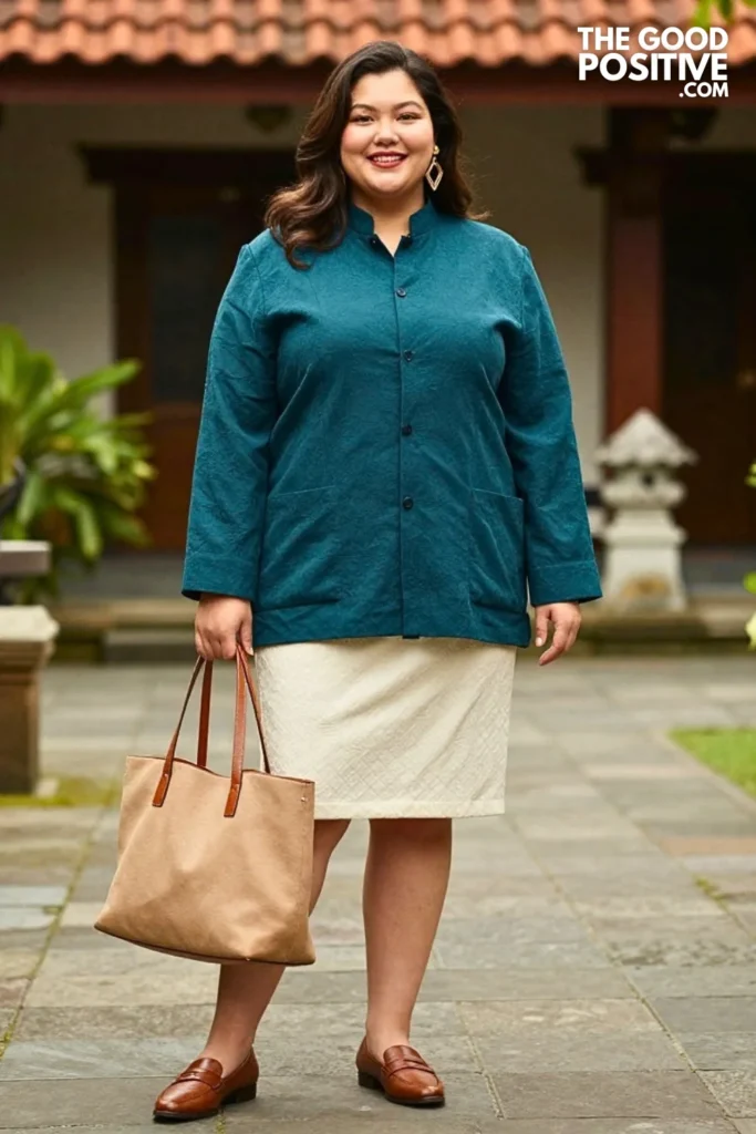 Deep Teal Mandarin Jacket With Cream Jacquard Skirt