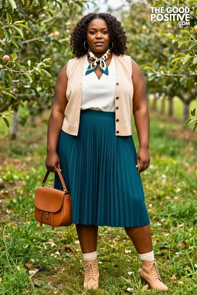 Deep Teal Pleated Skirt, Cinnamon Vest & Ivory Blouse