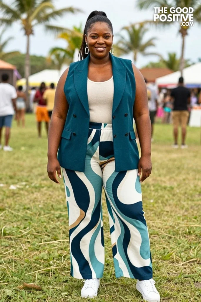 Deep Teal Vest With Printed Wide-Leg Pants