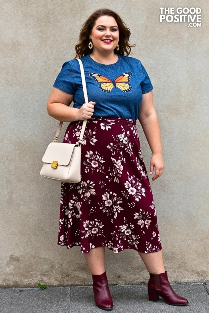 Denim Art Panel Shirt With Burgundy Skirt