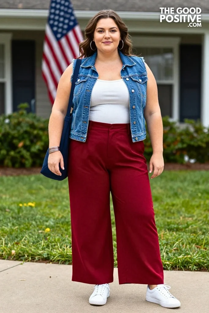 Denim Corset Vest With Red Trousers