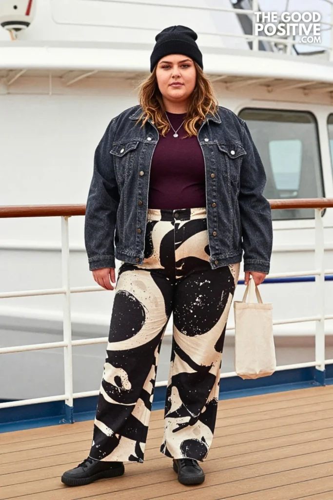 Denim Jacket, Plum Sweater, And Printed Wide-Leg Pants