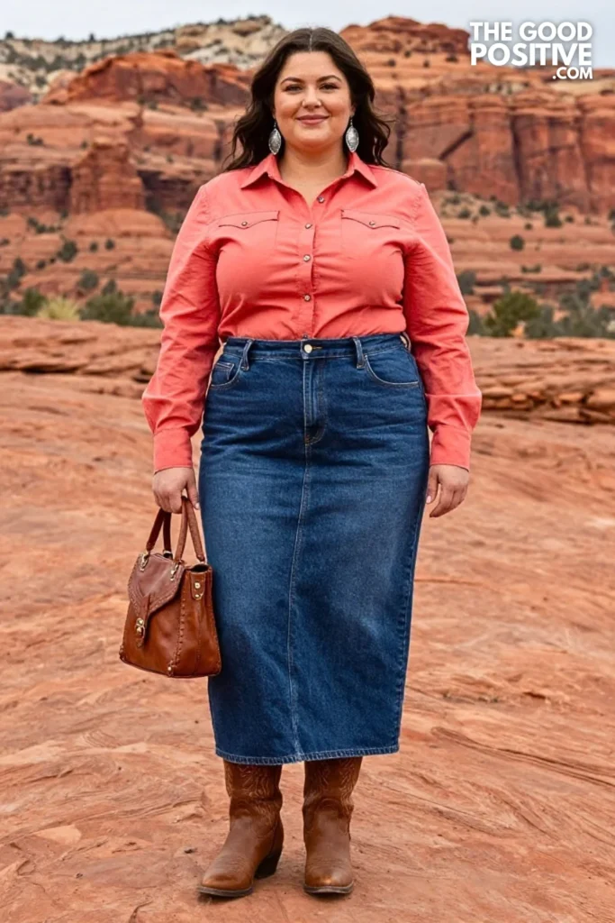 Denim Maxi Skirt With Coral Western Shirt