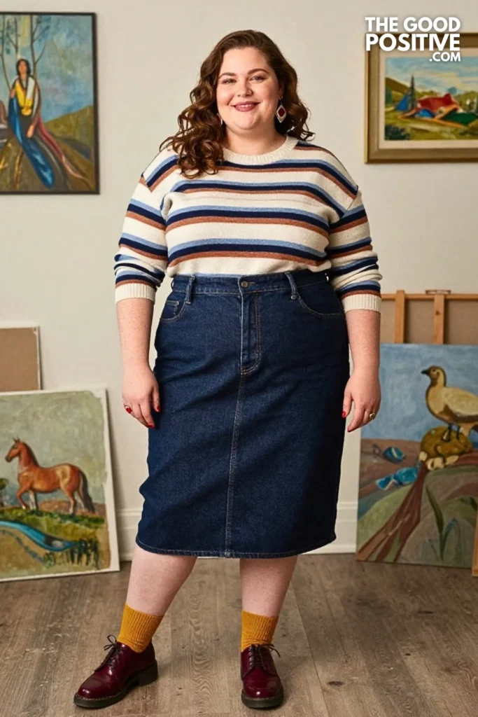 Denim Midi Skirt With Hand-Painted Stripe Sweater
