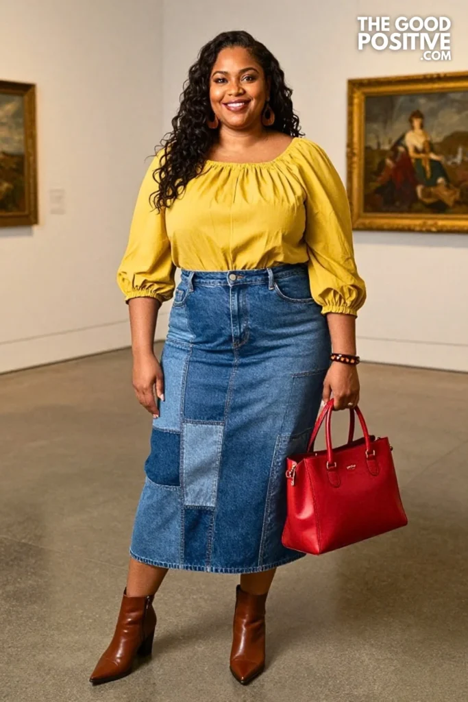 Denim Patchwork Skirt, Marigold Blouse & Red Handbag