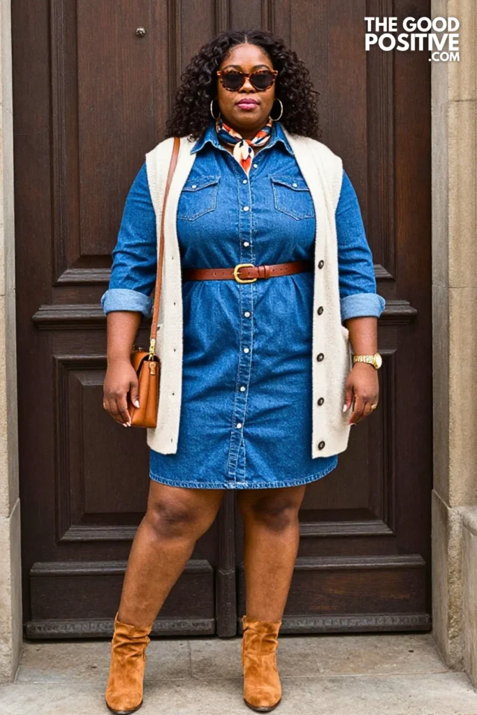 Denim Shirt Dress With Tan Suede Ankle Boots