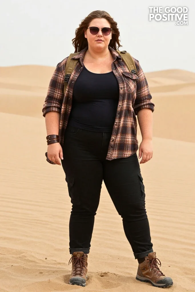 Desert Plaid Shirt, Black Utility Jeans, and Hiking Boots