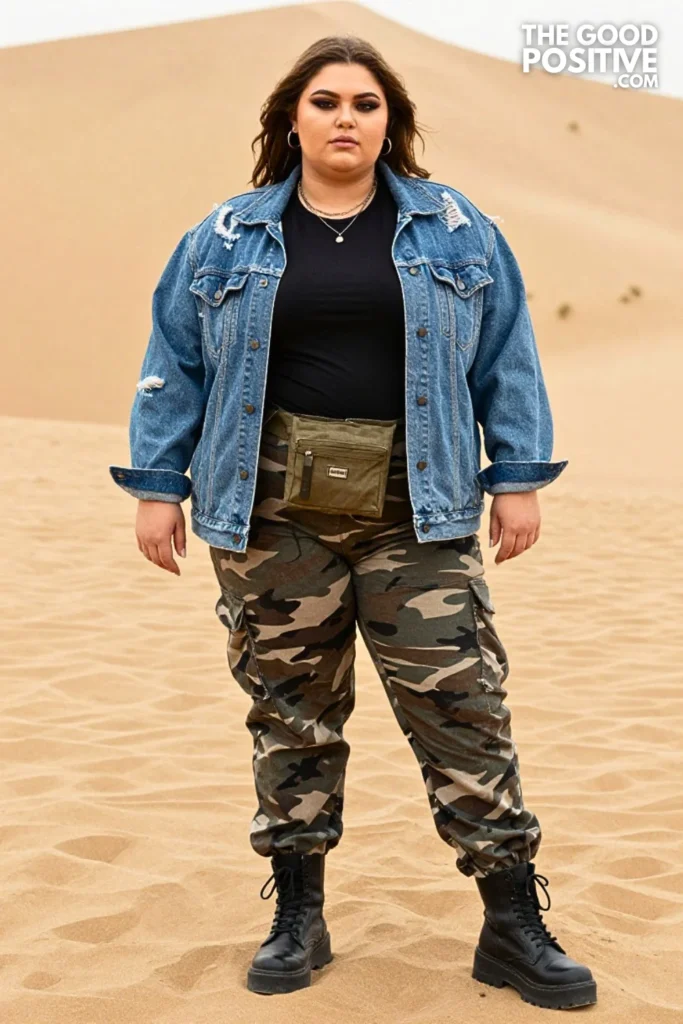 Distressed Denim Jacket, Camo Trousers, and Platform Boots