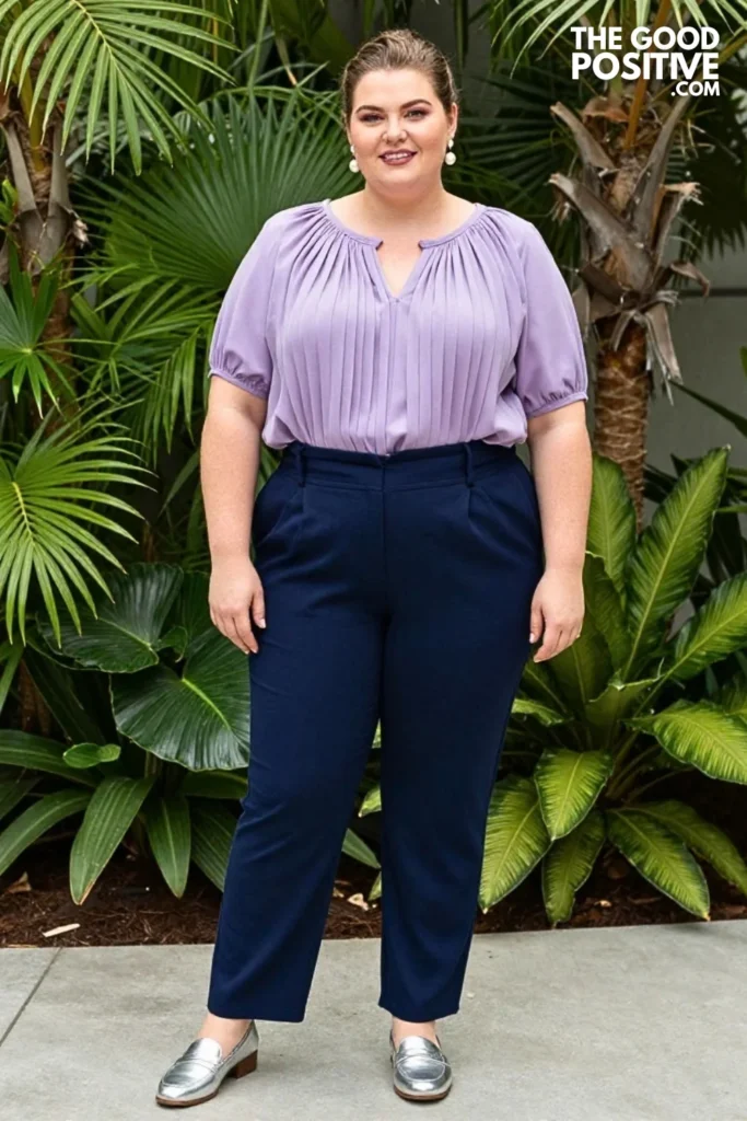 Dusty Lilac Blouse With Deep-Blue Trousers