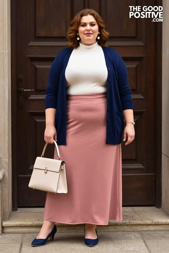 Dusty Rose Maxi Skirt With Navy Cardigan