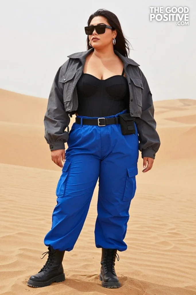 Electric Blue Cargo Pants, Black Corset Top, and Combat Boots