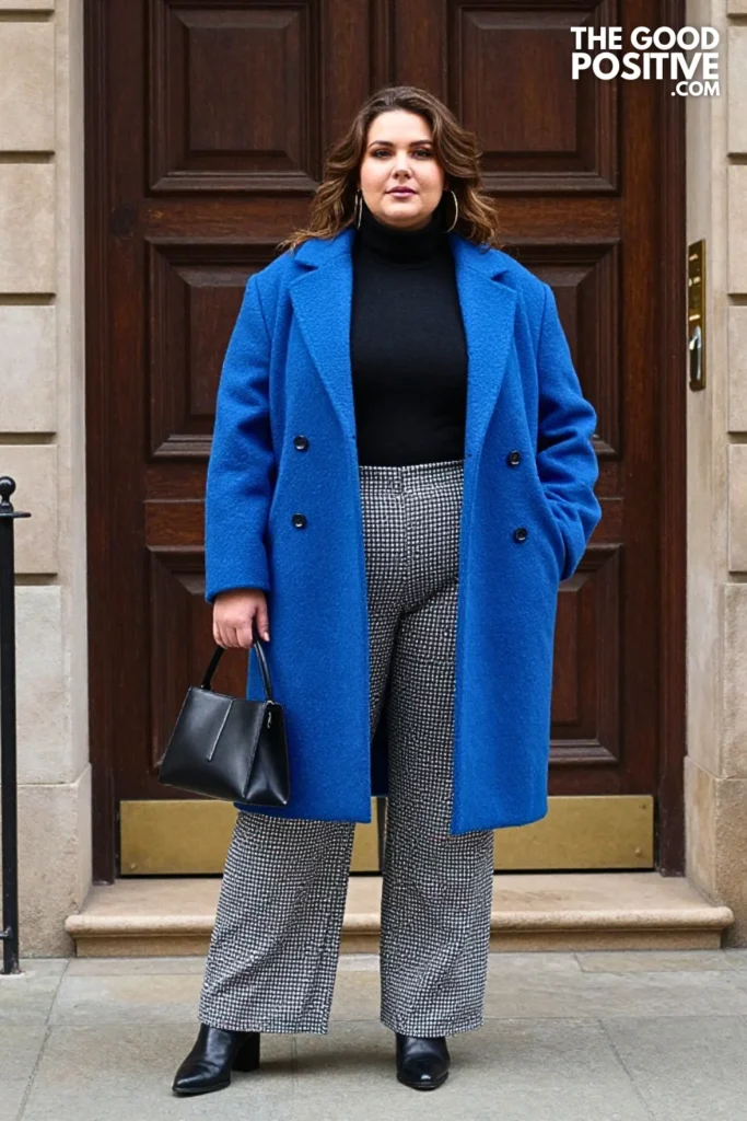 Electric Blue Coat, Black Turtleneck, and Checked Trousers