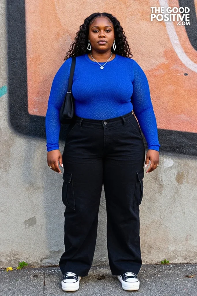 Electric Blue Mesh Top, Black Cargo Jeans, and Platform Sneakers