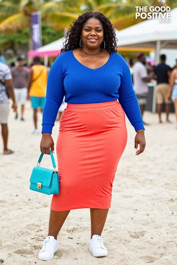 Electric Blue Sweater With Coral Midi Skirt