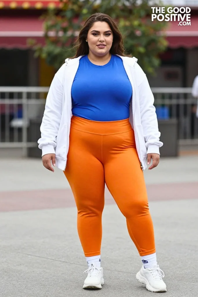 Electric Blue Tee, Orange Track Pants, And Sneakers