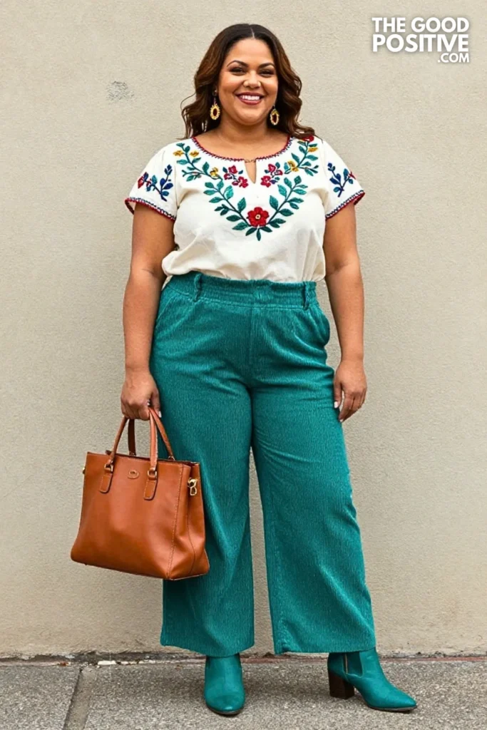Embroidered Vine Blouse With Teal Corduroy