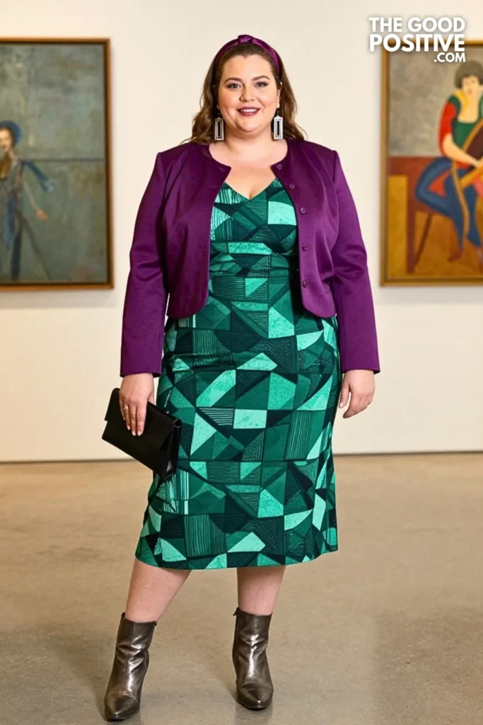 Emerald Art-Deco Print Dress, Plum Jacket & Metallic Boots
