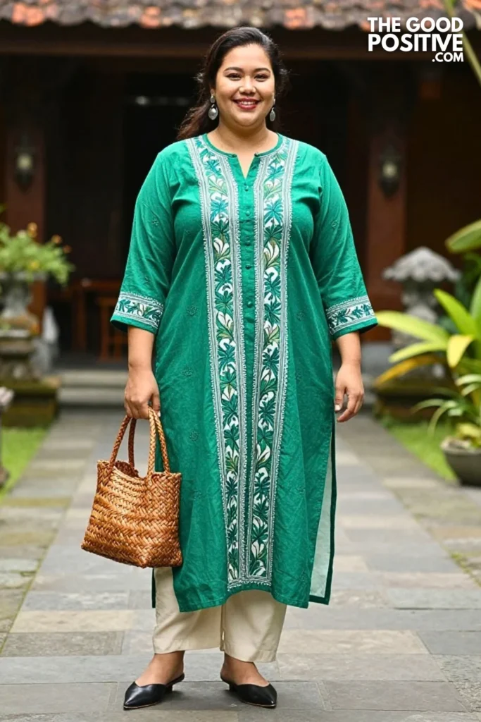Emerald Artsy Kurta With Hand-Painted Trouser Panels