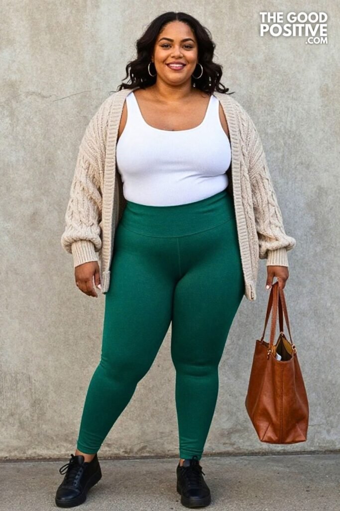 Emerald Bootcut Yoga Pants With Fitted Tank And Oversized Cable-Knit Sweater