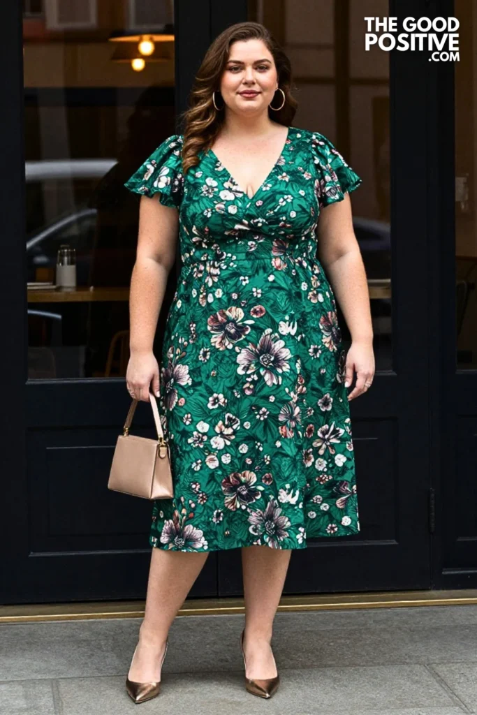 Emerald Jacquard Dress With Metallic Pumps